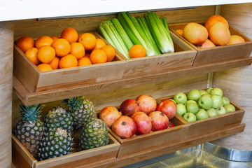 fruit in wooden boxes