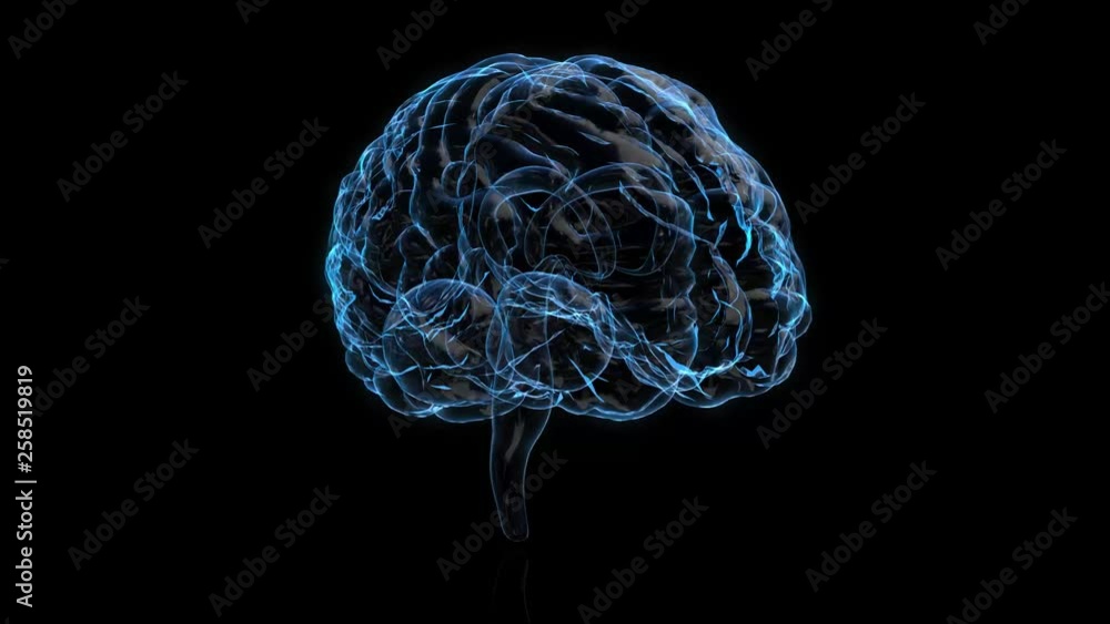 Poster 3d animation graphic design of brain. alpha glass background. brain showing and spinning with mri sc