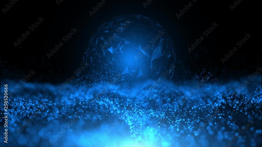 Poster artificial intelligence network with abstract shiny globe rotating. selective focus used.