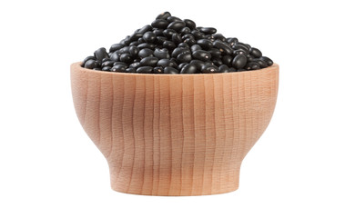black bean in wooden bowl isolated on white background. nutrition. food ingredient.