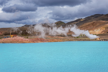 Blue lake in Myvatn Geothermal Area in Reykjahlid town, Iceland