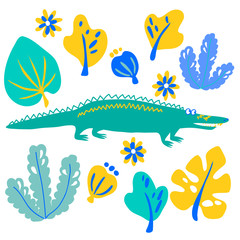 vector green crocodile alligator cute cartoon illustration with palm flowers set on white