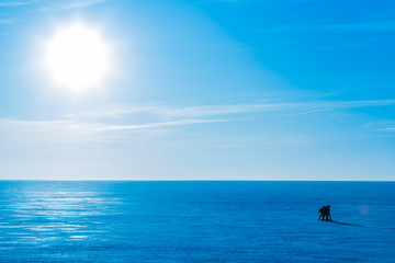 People coming on ice across the river or the lake in the winter sunny day. Blue winter landscape...