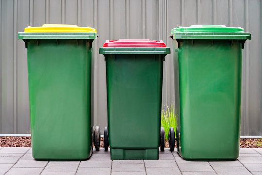 Australian home waste wheelie bins set on backyard