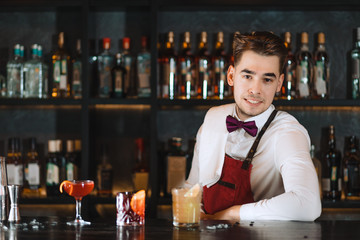 Portrait of smiling handsome young bartender, dressed in uniform with bow tie, friendly smiling at camera while standing at bar counter with shelves of bottles with alcohol on background.