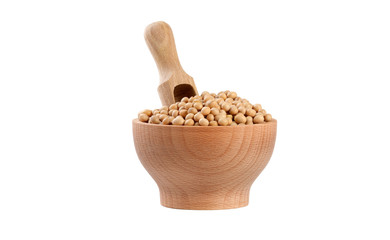 soy bean in wooden bowl and scoop isolated on white background. nutrition. food ingredient.