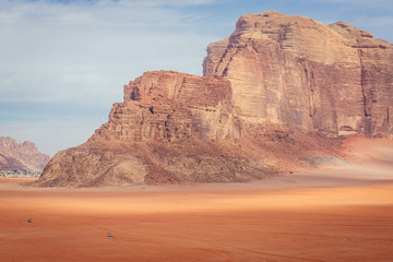 Fototapeta na wymiar View from so called Red Sand Dune in Wadi Rum also known as Valley of light or Valley of sand in Jordan