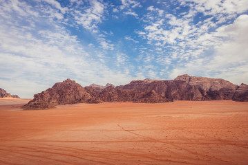 Lanscape around so called Red Sand Dune in Wadi Rum also known as Valley of light or Valley of sand in Jordan
