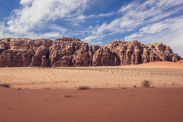 Fototapeta na wymiar Landscape of Wadi Rum also known as Valley of light or Valley of sand in Jordan