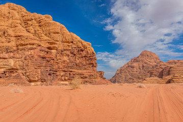 Landscape in Wadi Rum also known as Valley of light or Valley of sand in Jordan