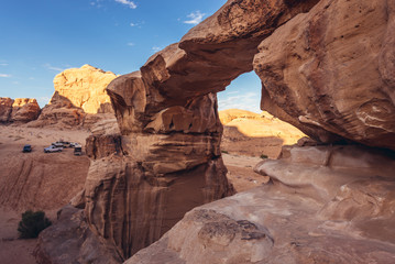 Fototapeta na wymiar Um Fruth sandrock natural bridge in Wadi Rum - valley of the moon in Jordan