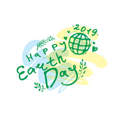 Happy Earth Day 2019. Green handwritten logo with the globe. Vector hand drawn template.