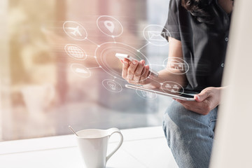 Digital marketing via multi-channel communication network icon on mobile smart device application...