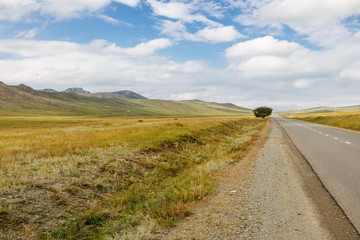 asphalt road Darkhan-Ulaanbaatar in Mongolia, beautiful Mongolian landscape, Tuve Aymak. Baruunkharaa