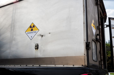 Radiation warning sign transport label Class 7 on the Dangerous goods package type A in the...