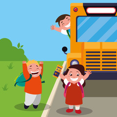 happy little school kids in the bus stop