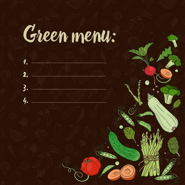 Set with vegetables on a dark background. Green menu. Eco foodCucumber, zucchini, asparagus, peas, broccoli, tomatoes, carrots. Vector