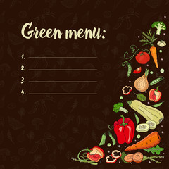Green menu. Eco food.Set with vegetables on a dark background. Peppers, zucchini, onions, peas, broccoli, tomatoes, carrots. Vector