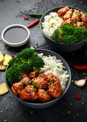 Teriyaki chicken, steamed broccoli and basmati rice served in two Asian clay bowls