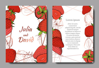Vector Strawberry fresh fruit healthy food. Red and green engraved ink art. Wedding background card.