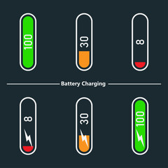 Set of battery charge level indicators. Vector illustration. 