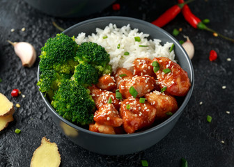 Teriyaki chicken, steamed broccoli and basmati rice served in two Asian clay bowls