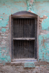 old brick and concrete with a splash of turquoise.