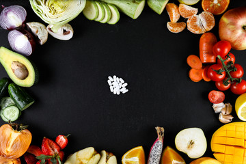 Organic food background. Food photography different fruits and vegetables isolated white background. Copy space. mock up