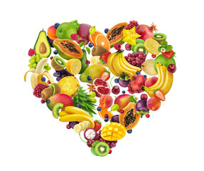 Heart shape made of different fruits and berries, isolated on white background, heart symbol, diet...