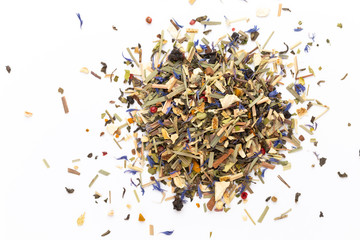 Herbal tea on a white background. Top view.