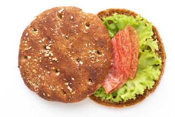 Sandwich with ham sausage on white background.