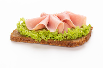 Sandwich with pork ham on white background.