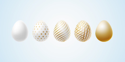 Easter egg Set of elegant modern luxury white gold Easter eggs with a spiral lines pattern specks dots on a light background Egg design element for elegant Easter cards luxury elegant graphic Vector