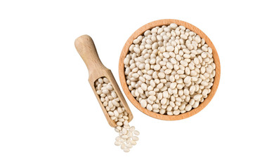 small white bean in wooden bowl and scoop isolated on white background. nutrition. food ingredient.