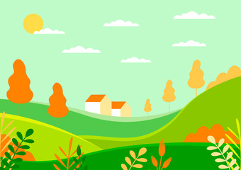 Fototapeta na wymiar Village landscape with buildings, hills, flowers and trees. Rural summer vector illustration in flat style. Design elements perfect for banners, cards, posters and websites and etc