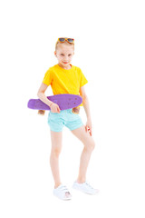 Happy girl with skateboard isolated on white in studio.