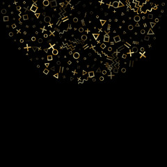 Memphis style geometric confetti vector background of triangle circle square shapes, chevron wavy lines.