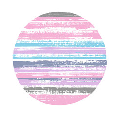 Circle vector geometric shape with striped texture of ink horizontal lines. Planet concept with old paint texture. Stamp round shape circle logo element with grunge background of stripes.