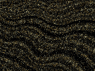 Gold sparkles glitter dust metallic confetti on black vector background.