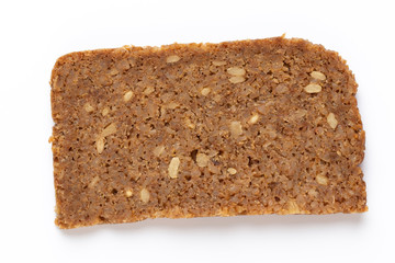 Rye bread slice on a white background.
