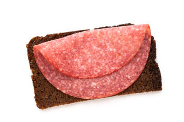 Sandwich with salami sausage on white background.