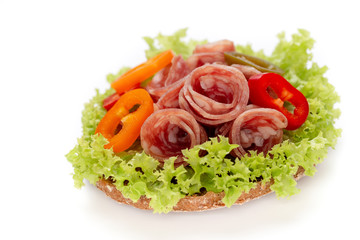 Sandwich with salami sausage on white background.