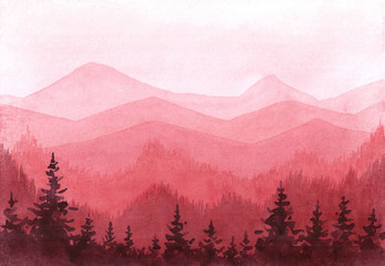 Watercolor hand drawn illustration with forest and mountains. Colorful summer morning in the mountains - obrazy, fototapety, plakaty