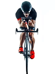 Plexiglas foto achterwand triathlete triathlon Cyclist cycling  in studio silhouette shadow  isolated  on white background © snaptitude