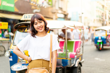Happy and Beautiful Asian woman traveling at Khao Sarn Road, Thailand © topntp