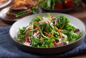Juicy Beef tenderloin steak salad with tomatoes, cucumbers, radishes and sesame seeds. health food