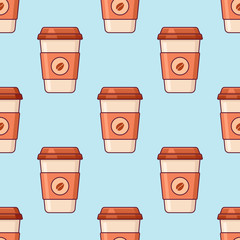 Seamless pattern with takeaway coffee on blue background. Vector texture.