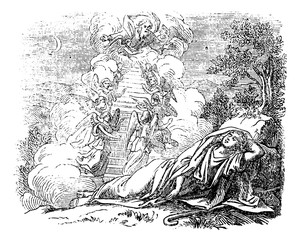 Vintage antique illustration and line drawing or engraving of biblical story about Jacob and Laban.From Biblische Geschichte des alten und neuen Testaments, Germany 1859. Genesis 31.Young man sleeping