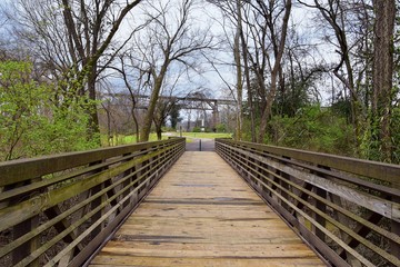 Views of Bridges and Pathways along the Shelby Bottoms Greenway and Natural Area Cumberland River frontage trails, bottomland hardwood forests, open fields, wetlands, and streams, Nashville, Tennessee