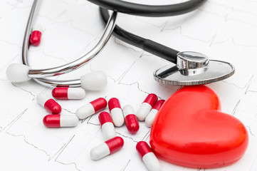 Pills, stethoscope and red heart on the cardiogram. Medical concept.